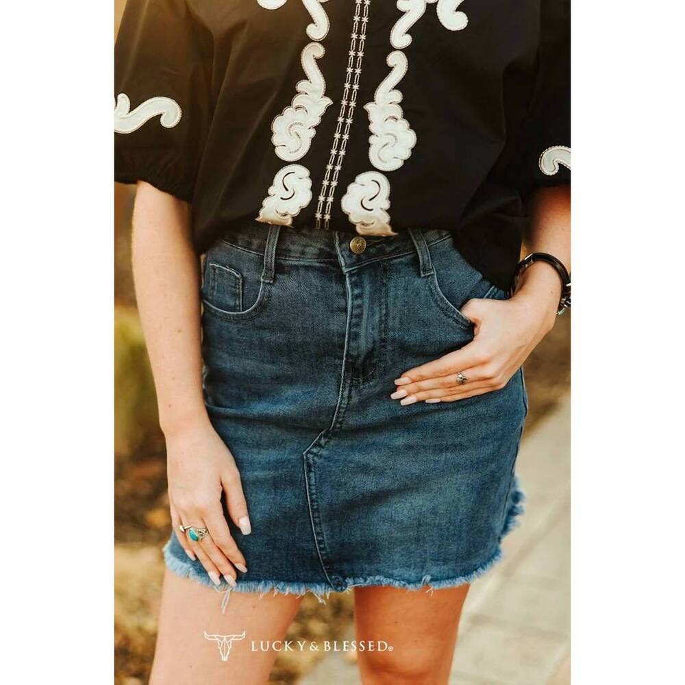 NEW LUCKY & BLESSED high-rise raw hem western denim mini skirt in nashville